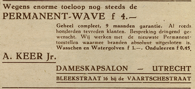 717399 Advertentie van A. Keer Jr., Dameskapsalon, Bleekstraat 16 te Utrecht, voor de 'permanent wave'.